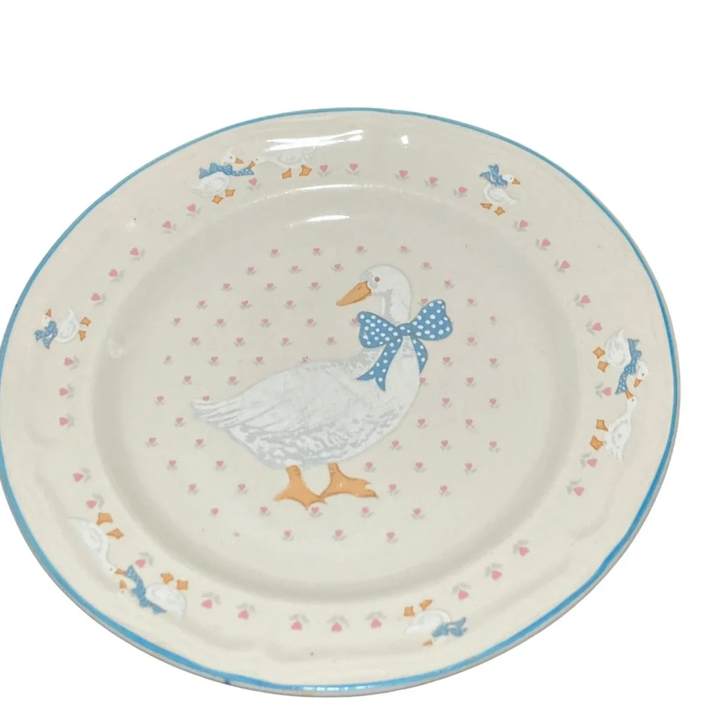 Brick Oven Stoneware Plate Saucer Set White Blue Country Goose Good Condition